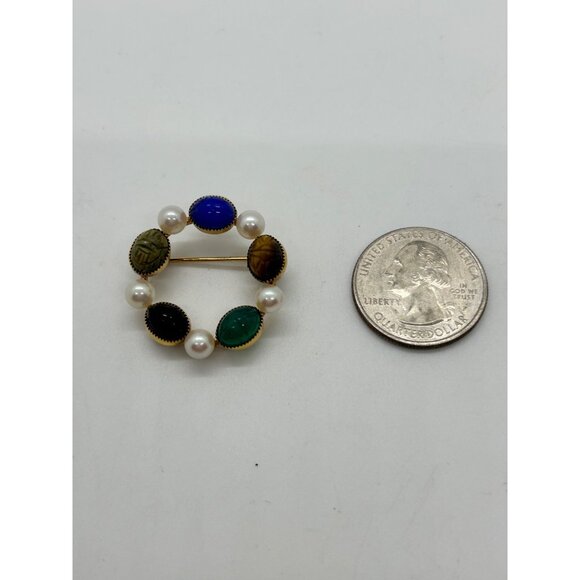 Vtg Wells Brooch Egyptian Revival Scarab Stone14k Gold-Filled Faux Pearl Wreath - Picture 14 of 14